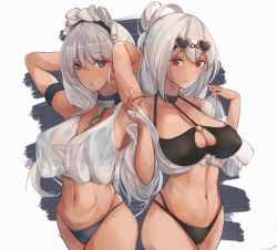 Rule 34 | 2girls, absurdres, arms behind head, azur lane, belfast (azur lane), bikini, black bikini, blue bikini, blue eyes, blush, braid, breasts, breathing, chain, choker, cleavage, collar, collarbone, cowboy shot, crop top, eyewear on head, folded ponytail, french braid, hair between eyes, hands up, heart, heart-shaped eyewear, highres, large breasts, long hair, looking at viewer, maid headdress, multiple girls, navel, o-ring, o-ring top, off shoulder, open mouth, parted lips, red eyes, see-through, short hair, sirius (azur lane), sirius (scorching-hot seirios) (azur lane), smile, sunglasses, swimsuit, tan, toned, white hair, yusha m