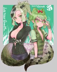 Rule 34 | 2girls, adjusting eyewear, arms under breasts, bad id, bad twitter id, braid, breasts, character name, cleavage, collarbone, commentary request, crocodilian girl, crocodilian tail, crossed arms, fingerless gloves, glasses, gloves, gradient hair, green eyes, green gloves, green hair, hair ribbon, highres, kemono friends, long braid, long hair, long sleeves, looking at viewer, medium breasts, multicolored hair, multiple girls, notora, open clothes, partially unzipped, red ribbon, ribbon, saltwater crocodile (kemono friends), serious, short hair, short ponytail, short sleeves, slit pupils, spectacled caiman (kemono friends), spiked gloves, spikes, tail, two-tone hair, v-shaped eyebrows, white background