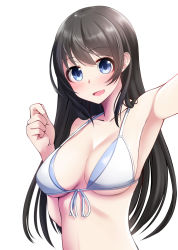 Rule 34 | 1girl, :d, bare shoulders, bikini, blue eyes, blush, breasts, brown hair, collarbone, commentary request, fang, front-tie bikini top, front-tie top, hair between eyes, hand up, head tilt, long hair, looking at viewer, medium breasts, nekobaka, open mouth, original, outstretched arm, reaching, reaching towards viewer, selfie, sidelocks, simple background, smile, solo, swimsuit, very long hair, white background, white bikini