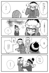 Rule 34 | 3girls, beanie, commentary request, fang, glasses, greyscale, hat, inuyama aoi, long hair, long sleeves, monochrome, multiple girls, oogaki chiaki, open mouth, scarf, shima rin, shiroshi (denpa eshidan), skin fang, smile, sparkle, striped clothes, striped scarf, swept bangs, thick eyebrows, translation request, winter clothes, yuri, yurucamp