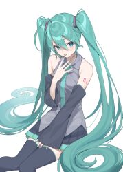 Rule 34 | 1girl, absurdres, black footwear, black skirt, black sleeves, blue eyes, blue hair, blue nails, blue necktie, blush, boots, detached sleeves, grey shirt, hair ornament, hatsune miku, highres, long hair, looking at viewer, mofudoggu, necktie, number tattoo, pleated skirt, shirt, shoulder tattoo, simple background, sitting, skirt, solo, tattoo, thigh boots, tongue, tongue out, twintails, very long hair, vocaloid, white background