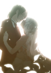 Rule 34 | 2girls, anime coloring, appendix, backlighting, bad id, bad pixiv id, bare shoulders, bridal veil, closed eyes, couple, dress, elbow gloves, formal, freckles, gloves, glowing, hair down, holding, imminent kiss, krista lenz, lace, multiple girls, necktie, petals, shingeki no kyojin, short hair, suit, sunlight, veil, wedding, wedding dress, white background, wife and wife, ymir (shingeki no kyojin), yuri
