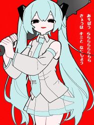 Rule 34 | 1girl, alternate eye color, armpit crease, black eyes, blue hair, blue necktie, bokura no kinenbi (vocaloid), club, club (weapon), collared shirt, commentary, detached sleeves, empty eyes, grey shirt, grey skirt, grey sleeves, hair ornament, half-closed eyes, hands up, hatsune miku, holding club, long hair, looking at viewer, lyrics, milk (milk319319), necktie, open mouth, over shoulder, pleated skirt, red background, red pupils, shirt, simple background, skirt, sleeveless, sleeveless shirt, smile, solo, spiked club, tie clip, translation request, twintails, vocaloid, weapon, weapon over shoulder