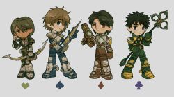 4boys absurdres aikawa_hajime armor belt black_hair blay_buckle blue_eyes bodysuit brown_hair card club_(shape) diamond_(shape) green_eyes grey_background gun heart highres holding holding_weapon kamen_rider kamen_rider_blade kamen_rider_blade_(series) kamen_rider_chalice kamen_rider_garren kamen_rider_leangle kamijo_mutsuki kenzaki_kazuma m1ontee mask multiple_boys purple_eyes red_eyes rider_belt rider_card short_hair spade_(shape) standing sword tachibana_sakuya_(kamen_rider_blade) tokusatsu unworn_mask weapon