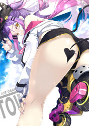 Rule 34 | 1girl, absurdres, air gear, ass, black hat, black shorts, cropped jacket, demon tail, fake horns, floating hair, from behind, grin, hair ornament, hairclip, hat, highres, hololive, horned headwear, horns, jacket, long sleeves, looking at viewer, looking back, micro shorts, multicolored hair, nail polish, off shoulder, piercing, pink hair, puffy long sleeves, puffy sleeves, purple hair, purple nails, shorts, sidelocks, smile, solo, tail, tail ornament, tail piercing, tokoyami towa, twintails, two-tone hair, virtual youtuber, white jacket, yellow eyes, zelitto