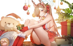 Rule 34 | 1girl, alternate costume, alternate hairstyle, animal ears, antlers, armpit crease, asuna (blue archive), bare arms, bare legs, bare shoulders, bell, belt, bikini, bikini top only, black belt, blue archive, blue eyes, blush, boots, bow, box, breasts, chinese commentary, choker, christmas, christmas present, commentary, dreamtokitty, fake animal ears, fake antlers, from side, fur-trimmed bikini, fur-trimmed bikini top, fur-trimmed boots, fur-trimmed gloves, fur choker, fur trim, gift, gift box, gloves, grin, hair over one eye, hair ribbon, halo, hat, highres, holding, holding box, holding gift, horns, knees up, large breasts, leaf, light brown hair, long hair, looking at viewer, miniskirt, neck bell, one eye covered, panties, pantyshot, plant, pleated skirt, red bikini, red footwear, red gloves, red ribbon, red skirt, ribbon, santa bikini, santa costume, santa hat, sideboob, sidelocks, signature, sitting, skirt, smile, solo, star (symbol), straight hair, stuffed animal, stuffed toy, swimsuit, teddy bear, teeth, twintails, underwear, very long hair, white background, white choker, white panties, yellow bow, yellow ribbon