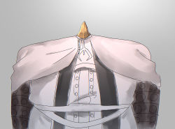 Rule 34 | 1boy, alfred (bloodborne), anatomical nonsense, arms at sides, bloodborne, cape, grey background, helm, helmet, highres, jacket, kureson (hayama baa), male focus, sattou (style), shirt, simple background, sketch, solo, straight-on, upper body, white cape, white jacket, white shirt, yellow headwear