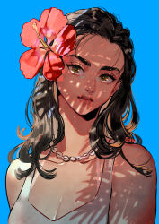 Rule 34 | 1girl, bare shoulders, blue background, brown eyes, closed mouth, commentary request, dappled sunlight, flower, hair flower, hair ornament, hibiscus, highres, jewelry, lipstick, long hair, looking at viewer, makeup, necklace, okada (hoooojicha), original, parted bangs, red flower, simple background, sleeveless, solo, sunlight, upper body, wet