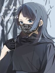 1girl bang_dream! bang_dream!_it&#039;s_mygo!!!!! black_cloak black_gloves black_hair black_mask blue_eyes cloak commentary_request earrings gloves group_name highres hood hood_down jewelry looking_at_viewer mask medium_hair mouth_mask nanami_(nunnun_0410) solo timoris_(bang_dream!) upper_body yahata_umiri