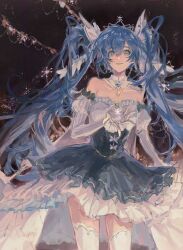 Rule 34 | 1girl, bare shoulders, blue eyes, blue hair, breasts, cowboy shot, detached collar, dress, elbow gloves, frilled dress, frills, gloves, hair between eyes, hatsune miku, highres, long hair, looking at viewer, medium breasts, smile, snowflakes, solo, strapless, strapless dress, thighhighs, tiara, twintails, very long hair, vocaloid, white gloves, white thighhighs, wixcuwi