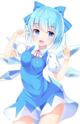 Rule 34 | 1girl, alternate breast size, blue bow, blue eyes, blue hair, blush, bow, breasts, cirno, double v, hair bow, highres, ice, ice wings, large breasts, looking at viewer, open mouth, short hair, smile, solo, touhou, umitonakai, v, wings