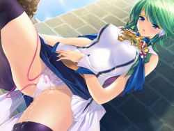 Rule 34 | 1girl, against wall, alice soft, belt, blue eyes, blush, breasts, circlet, clothes lift, covered erect nipples, day, dress, dutch angle, egg vibrator, from below, game cg, green hair, large breasts, looking down, min-naraken, open mouth, outdoors, panties, public indecency, public vibrator, pussy juice, see-through, sex toy, short hair, shuri seihajuu nagasaki, skirt, skirt lift, solo, spread legs, thighhighs, toushin toshi, toushin toshi iii, underwear, vibrator, vibrator under clothes, vibrator under panties, wet, wet clothes, wet panties, white panties