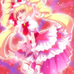 Rule 34 | 1girl, aisaki emiru, blonde hair, bow, bowtie, cure macherie, curly hair, dress, earrings, gloves, hair bow, highres, hugtto! precure, jewelry, layered dress, long hair, looking away, magical girl, nijigami rin, open mouth, pom pom (clothes), pom pom earrings, precure, puffy sleeves, red background, red bow, red bowtie, red eyes, smile, solo, thighhighs, twintails, white gloves, white thighhighs