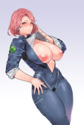 Rule 34 | 1girl, blue bodysuit, blush, bodysuit, breasts, breasts out, clothes lift, clover print, curvy, dutch angle, eyelashes, fortune (last origin), gradient background, hand on own hip, hand up, huge breasts, large areolae, last origin, lifted by self, long sleeves, looking at viewer, mimyo, nipples, red hair, shirt, shirt lift, short hair, simple background, skin tight, skindentation, sleeves rolled up, solo, swept bangs, thick thighs, thighs, yellow eyes