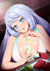 Rule 34 | 1girl, alternate costume, areola slip, bar (place), blue eyes, blue hair, blurry, blurry background, blurry foreground, blush, boku no hero academia, breast rest, breasts, breasts on table, chopsticks, cleavage, commentary, cup, dress, drink, drinking, drinking straw, dutch angle, english commentary, eyelashes, food, fruit, hadou nejire, head tilt, holding, holding cup, indoors, large breasts, light blue hair, lime (fruit), lime slice, lips, long hair, looking at viewer, neocoill, parted lips, patreon username, sleeveless, sleeveless dress, smile, solo, swept bangs, table, upper body, watermark, web address, white dress