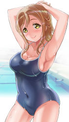 Rule 34 | 1girl, armpits, arms up, bare arms, blue one-piece swimsuit, blurry, blush, breasts, brown hair, cleavage, closed mouth, collarbone, competition school swimsuit, contrapposto, cosplay, covered navel, cowboy shot, depth of field, eyelashes, gonta (gshoutai), groin, highres, kunikida hanamaru, large breasts, long hair, love live!, love live! sunshine!!, one-piece swimsuit, pool, poolside, school swimsuit, skindentation, smile, solo, spaghetti strap, swept bangs, swimsuit, wet, wet clothes, wet hair, wide hips, yellow eyes