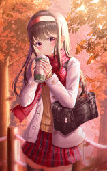 Rule 34 | 1girl, absurdres, autumn, autumn leaves, bag, bexercube, black hair, blush, closed mouth, coffee, coffee cup, cup, disposable cup, hairband, handbag, highres, huge filesize, jacket, leaf, long hair, looking at viewer, maple leaf, mug, original, outdoors, plaid, plaid skirt, pleated skirt, red eyes, red skirt, scarf, school uniform, shoulder bag, sidelocks, skirt, smile, solo, standing, thighhighs, thighs, tree, uniform, vest, white jacket, yellow vest