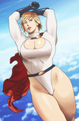 Rule 34 | 1girl, alien, arms up, belt, blonde hair, blue eyes, blue sky, blurry, blurry background, breasts, cape, clasp, cleavage, cleavage cutout, clothing cutout, cloud, curvy, dc comics, eyeshadow, gloves, highleg, highleg leotard, highres, large breasts, leotard, lipstick, looking away, makeup, groin, nappii (nappy happy), open mouth, parted lips, partially visible vulva, power girl, shiny skin, short hair, sky, solo, strap, superhero costume, swept bangs, thick thighs, thighs, wavy hair, wide hips