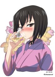 Rule 34 | 10s, 1girl, alcohol, beer, black choker, black eyes, black hair, blue theme, bow choker, choker, commentary, cropped torso, cup, dated, drinking, drinking glass, drunk, floral background, girls und panzer, grey-framed eyewear, half-closed eyes, highres, japanese clothes, kawashima momo, kimono, long sleeves, looking at viewer, monocle, one-hour drawing challenge, pink kimono, semi-rimless eyewear, shiina excel, short hair, simple background, solo, twitter username, under-rim eyewear, upper body, white background, wide sleeves
