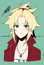 Rule 34 | 1girl, absurdres, blonde hair, braid, breasts, character name, collarbone, commentary request, fate/grand order, fate (series), frown, green background, green eyes, hair ornament, hair scrunchie, highres, jacket, jewelry, long hair, looking at viewer, mordred (fate), mordred (fate/apocrypha), mordred (memories at trifas) (fate), necklace, ponytail, red jacket, red scrunchie, scrunchie, shirt, simple background, solo, takatun223, white shirt