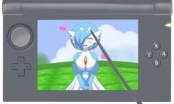 Rule 34 | 10s, 1girl, alternate color, aqua hair, blue hair, blue skin, blush, bob cut, breasts, closed eyes, cloud, colored eyelashes, colored skin, creatures (company), cursor, day, fake screenshot, game freak, gardevoir, gem, gen 3 pokemon, grass, hair over one eye, handheld game console, headpat, heart, jcdr, large breasts, lucy (jcdr), nintendo, nintendo 3ds, no humans, open mouth, orange eyes, outdoors, own hands clasped, own hands together, playing games, pokemon, pokemon-amie, pokemon (creature), pokemon xy, pov, shiny pokemon, short hair, sky, smile, solo, stylus, swept bangs, teeth, upper body, v arms, video game, white skin