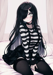Rule 34 | 1girl, aria wintermint, black choker, black hair, black skirt, blush, choker, commentary, english commentary, goth fashion, green eyes, hair over one eye, halloween, highres, long hair, long sleeves, looking at viewer, on bed, original, parororo, shirt, sitting, skindentation, skirt, smile, striped clothes, striped shirt, suspenders, thighhighs