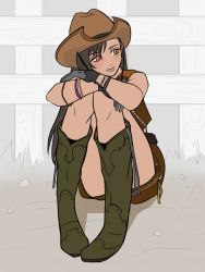Rule 34 | 1girl, black hair, blush, boots, bracelet, brown hat, brown skirt, brown vest, cowboy boots, cowboy hat, crisis core final fantasy vii, earrings, final fantasy, final fantasy vii, final fantasy vii remake, full body, gloves, hat, highres, jewelry, long hair, looking to the side, mapcvt, outdoors, red eyes, sitting, skirt, smile, solo, square enix, tifa lockhart, vest