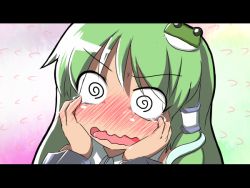 Rule 34 | 1girl, @ @, [], blush, embarrassed, female focus, frog, green hair, kochiya sanae, letterboxed, long hair, no nose, portrait, snake, solo, tears, touhou, wavy mouth