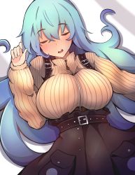 1girl absurdres belt black_belt black_skirt blue_hair blush breasts brown_sweater closed_eyes full-face_blush high-waist_skirt highres large_breasts long_hair lying on_back open_mouth original ribbed_sweater sae_art skirt sleeping solo sweater