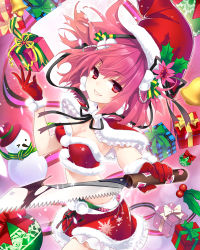 Rule 34 | 1girl, bow, breasts, character request, christmas, cleavage, crop top, e-nya, gift, gloves, grin, hat, holding, holding weapon, knife, looking at viewer, midriff, moriah saga, pink hair, pom pom (clothes), red eyes, red gloves, red skirt, santa costume, santa hat, skirt, smile, smirk, solo, weapon