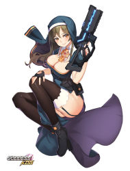Rule 34 | 1girl, black thighhighs, blush, bow, bowtie, breasts, brown hair, brown thighhighs, cleavage, cross, energy gun, fingerless gloves, full body, garter straps, gloves, goddess kiss, gun, habit, highres, holding, holding gun, holding weapon, invisible chair, large breasts, laser rifle, legs together, medium hair, milyu, nun, orange eyes, simple background, sitting, solo, thighhighs, trigger discipline, weapon, white background
