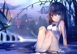 Rule 34 | 1girl, bare shoulders, blue eyes, blurry, blurry background, blush, branch, breasts, bush, closed mouth, cloud, dress, hair between eyes, hand on own knee, ikada sora, knees up, long hair, looking at viewer, messy hair, original, partially submerged, purple hair, sideboob, sidelocks, sitting, sky, sleeveless, smile, solo, thighs, water, white dress