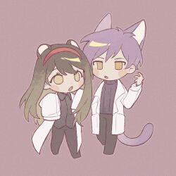 Rule 34 | 1boy, 1girl, animal ears, black pants, black shirt, black sweater, blush stickers, brown hair, cat boy, cat ears, cat tail, chibi, coat, elijah (project moon), fevercat, full body, gabriel (project moon), hairband, highres, lobotomy corporation, long hair, open mouth, pants, pink background, project moon, red hairband, shirt, simple background, sweater, tail, white coat