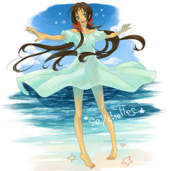 Rule 34 | 00s, 1girl, 93 (artist), axis powers hetalia, bad id, bad pixiv id, barefoot, brown eyes, brown hair, day, dress, hair ribbon, long hair, ocean, outdoors, outstretched arms, ribbon, seychelles (hetalia), sky, smile, solo, spread arms, star (sky), star (symbol), starry sky, sundress, tan, twintails, water, wet