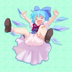 Rule 34 | &gt; &lt;, 1girl, :d, > <, aqua background, arms up, bad id, bad pixiv id, bandaid, bandaid on knee, bandaid on leg, bloomers, blue bow, blue hair, bow, chaba (hortensia), circled 9, cirno, closed eyes, female focus, full body, ice, ice wings, neck ribbon, open mouth, phantasmagoria of flower view, puffy short sleeves, puffy sleeves, ribbon, shoes, short sleeves, smile, socks, solo, touhou, underwear, upskirt, white bloomers, wings, xd