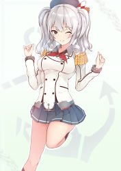 Rule 34 | 10s, 1girl, ;), black eyes, black skirt, black socks, epaulettes, hat, highres, inushi, kantai collection, kashima (kancolle), long hair, looking at viewer, one eye closed, pleated skirt, silver hair, skirt, smile, socks, solo, standing, standing on one leg, twintails