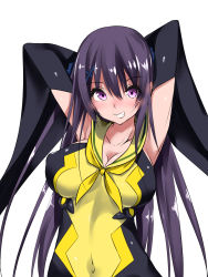 Rule 34 | 10s, 1girl, ao no kanata no four rhythm, armpits, arms behind head, arms up, black hair, blush, breasts, collarbone, covered navel, dendendert, detached sleeves, hair ornament, highres, large breasts, long hair, looking at viewer, purple eyes, simple background, smile, solo, tobisawa misaki, white background, wide sleeves, x hair ornament