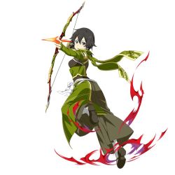 Rule 34 | 1girl, arrow (projectile), asada shino, black eyes, black hair, bow (weapon), brown hakama, detached sleeves, full body, green scarf, green sleeves, hair between eyes, hair ribbon, hakama, hakama skirt, holding, holding arrow, holding bow (weapon), holding weapon, japanese clothes, leg up, long sleeves, official art, parted lips, ribbon, scarf, short hair with long locks, sidelocks, simple background, skirt, solo, sword art online, sword art online: code register, sword art online: memory defrag, weapon, white background, white legwear, white ribbon