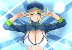 Rule 34 | 1girl, ahoge, artoria pendragon (fate), baseball cap, bikini, blonde hair, blue background, blue eyes, blue hat, blue jacket, blush, breasts, cleavage, closed mouth, double v, emotional engine - full drive, fate/grand order, fate (series), hair between eyes, hair through headwear, hands up, hat, jacket, kasumi saika, large breasts, long hair, looking at viewer, mysterious heroine x (fate), mysterious heroine xx (fate), parody, ponytail, shrug (clothing), smile, solo, sparkle, star (symbol), swimsuit, tongue, tongue out, v, wristband