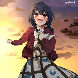 Rule 34 | 1girl, blue hair, blush, braid, cardigan, cloud, cowboy shot, dress, hair between eyes, hair bobbles, hair ornament, hairclip, idolmaster, idolmaster shiny colors, long sleeves, low twin braids, medium hair, morino rinze, open cardigan, open clothes, open mouth, orange sky, outdoors, red cardigan, red eyes, sky, smile, solo, star (sky), starry sky, sunset, torinabe, twin braids, twitter username, white dress