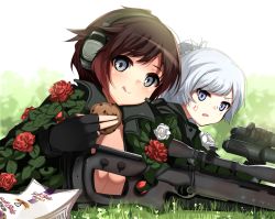 Rule 34 | 2girls, anger vein, artist request, binoculars, blue eyes, bolt action, camouflage, chocolate chip cookie, cookie, flower, food, grass, grey eyes, gun, headphones, military, military uniform, multiple girls, red hair, rifle, rose, ruby rose, rwby, scar, scar across eye, scar on face, sniper rifle, uniform, weapon, weapon request, weiss schnee, white hair