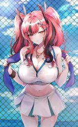 Rule 34 | 1girl, azur lane, bow, breasts, bremerton (azur lane), bremerton (scorching-hot training) (azur lane), chain-link fence, closed eyes, collarbone, commentary request, crop top, crop top overhang, fence, gradient hair, grey hair, ha9na, hair between eyes, hair bow, hair ornament, half-closed eyes, heart, heart necklace, highres, jewelry, large breasts, long hair, looking at viewer, midriff, mole, mole under eye, multicolored hair, navel, necklace, pink hair, shirt, sidelocks, sleeveless, sleeveless shirt, sportswear, streaked hair, tennis uniform, tsurime, two-tone hair, two-tone shirt, two-tone skirt, x hair ornament