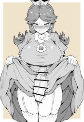 Rule 34 | 1futa, absurdres, bar censor, breasts, censored, clothes lift, collarbone, crown, dress, dress lift, earrings, erection, eyebrows hidden by hair, flower earrings, futanari, half-closed eyes, highres, huge penis, jewelry, large breasts, long hair, looking at viewer, makin tama, mario (series), nintendo, penis, pointless censoring, princess daisy, smile, solo, super mario land, sweat, thighhighs