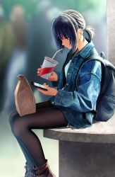 Rule 34 | 1girl, ankle boots, backpack, bad id, bad pixiv id, bag, black hair, black pantyhose, blurry, blurry background, boots, breasts, cross-laced footwear, cup, denim, denim jacket, depth of field, drinking straw, artistic error, fashion, highres, jacket, lace-up boots, nashigaya koyomi, original, pantyhose, paper bag, profile, revision, short hair, short ponytail, sitting, small breasts, solo