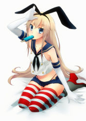 Rule 34 | 10s, 1girl, absurdres, bad id, bad pixiv id, black panties, blonde hair, blue eyes, bow, colorized, elbow gloves, food, food in mouth, gloves, hair bow, high heels, highleg, highleg panties, highres, kantai collection, legs, long hair, microskirt, panties, patterned legwear, popsicle, red stripes, red thighhighs, school uniform, seiza, serafuku, shimakaze (kancolle), sitting, skirt, solo, striped clothes, striped thighhighs, taiyaki king, thighhighs, tsugumi momomeno, two-tone stripes, underwear, very long hair, white stripes, white thighhighs