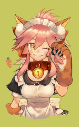 Rule 34 | 1girl, animal ears, animal hands, apron, bell, breasts, carrot, cat paws, collar, collarbone, fate/grand order, fate (series), food, fox ears, gloves, green background, jingle bell, looking at viewer, maid, maid apron, maid headdress, medium breasts, neck bell, one eye closed, paw gloves, pink hair, simple background, smile, solo, tail, tamamo (fate), tamamo cat (fate), tamamo cat (second ascension) (fate), vegetable, yellow eyes