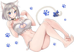 Rule 34 | 10s, 1girl, animal ears, barefoot, bell, neck bell, blue eyes, blush, bra, breasts, cat cutout, cat ear panties, cat ears, cat lingerie, chestnut mouth, cleavage cutout, clothing cutout, collar, feet, feet together, hair ornament, hair over one eye, hairclip, hamakaze (kancolle), jingle bell, kantai collection, large breasts, meme attire, navel, open mouth, panties, paw pose, paw print, sensen, short hair, side-tie panties, silver hair, simple background, solo, tail, toes, underwear, white background