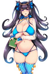 Rule 34 | 1girl, absurdres, bare shoulders, bikini, blue bikini, blue thighhighs, blush, book, breasts, cleavage, collarbone, double bun, fate/grand order, fate (series), hair bun, highres, holding, holding book, huge breasts, long hair, long sleeves, looking at viewer, murasaki shikibu (fate), murasaki shikibu (swimsuit rider) (fate), murasaki shikibu (swimsuit rider) (third ascension) (fate), navel, open mouth, see-through, simple background, smile, swimsuit, thighhighs, thighs, tsukasawa takamatsu, very long hair, white background