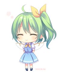 Rule 34 | 1girl, ^ ^, ahoge, blush, bow, chibi, closed eyes, closed mouth, daiyousei, dated, closed eyes, facing viewer, full body, green hair, hair bow, short hair, short ponytail, side ponytail, smile, solo, touhou, yamayu, yellow bow