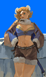 Rule 34 | 1girl, black gloves, blonde hair, blue background, blue eyes, blue shirt, blue tube top, breasts, brick wall, brown shorts, commentary, dated commentary, double bun, feet out of frame, fur-trimmed shorts, fur trim, gloves, hair bun, large breasts, lips, looking at viewer, midriff, navel, open mouth, ragnarok online, shirt, short hair, shorts, signature, solo, strapless, tube top, wind hawk (ragnarok online), zi tsas